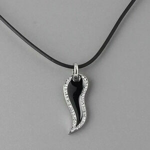 Edgy Austrian Crystal Black Enamel Pendant Rubber Cord Necklace